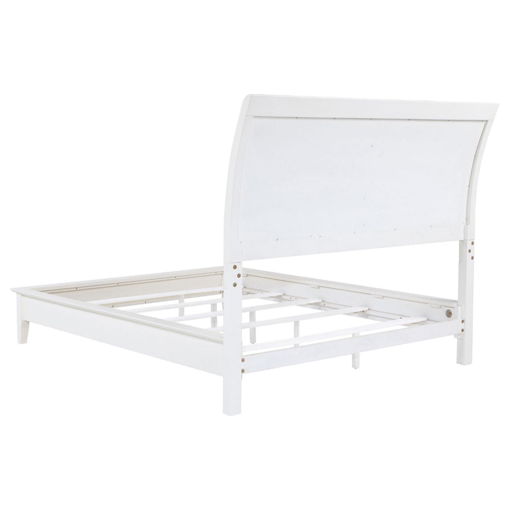 Heo Queen Size Bed Sleigh Beige Upholstered Headboard White Wood
