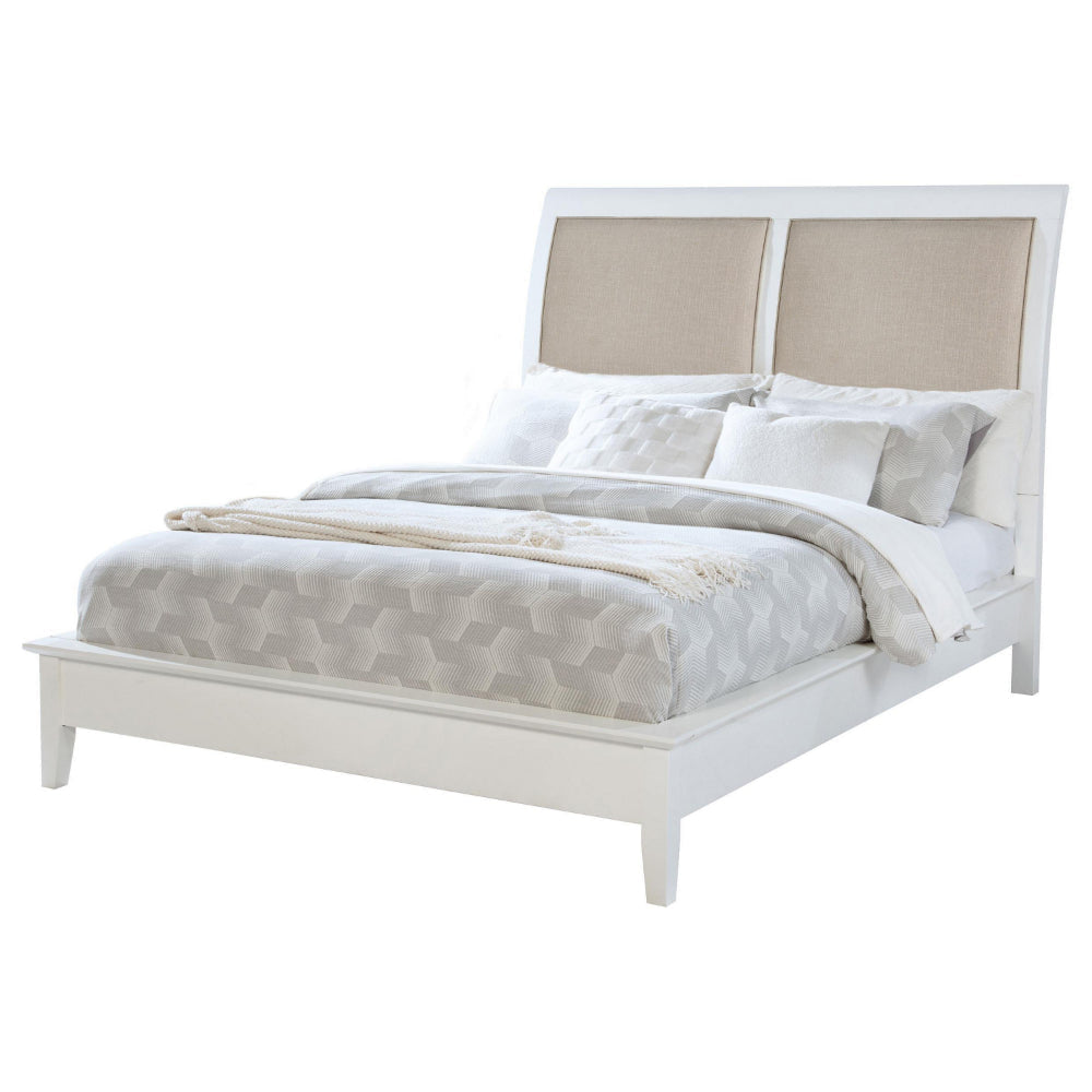 Heo Queen Size Bed Sleigh Beige Upholstered Headboard White Wood