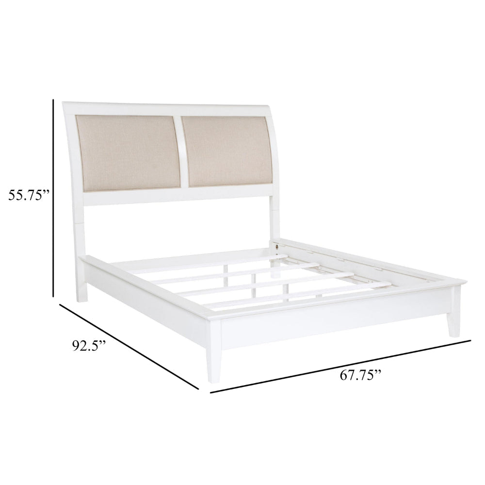 Heo Queen Size Bed Sleigh Beige Upholstered Headboard White Wood