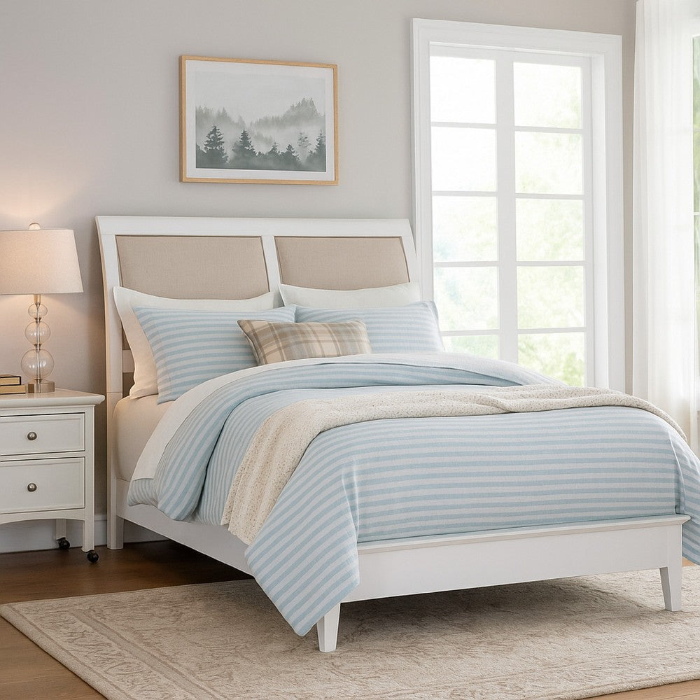 Heo Queen Size Bed, Sleigh Beige Upholstered Headboard, White Wood