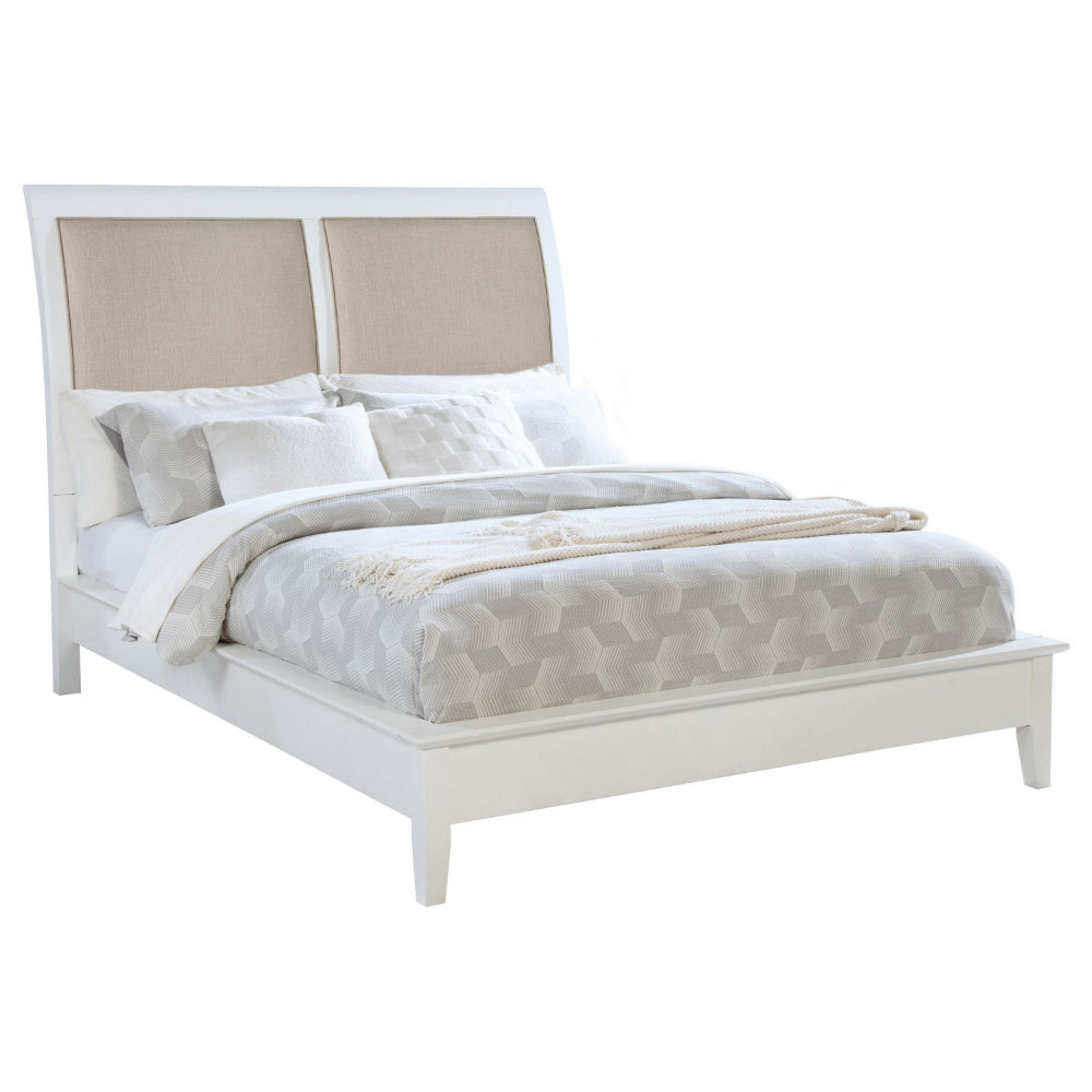 Heo King Size Bed Sleigh Beige Upholstered Headboard White Wood
