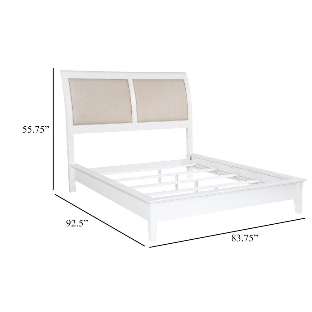 Heo King Size Bed Sleigh Beige Upholstered Headboard White Wood