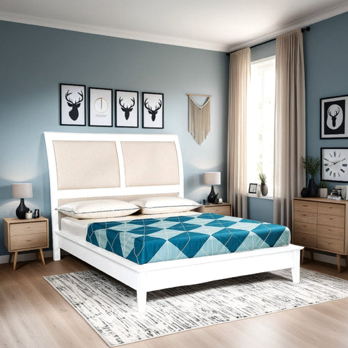 Heo California King Bed, Sleigh Beige Upholstered Headboard White Wood