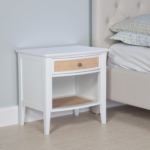 Heo Nightstand, 1 Brown Rattan Woven Drawer, Open Shelf, White Wood
