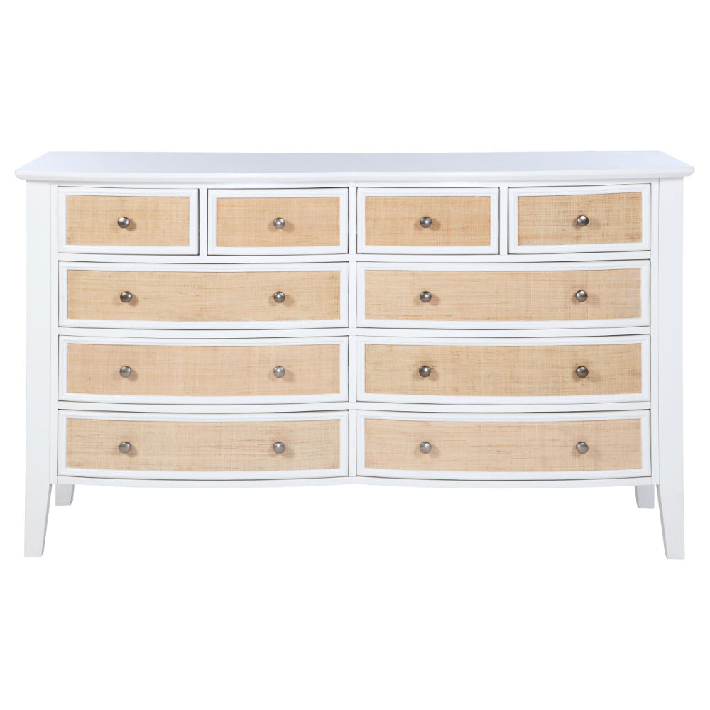 Heo Wide Dresser 10 Drawers Rattan Woven Curved Front White Wood BM328718