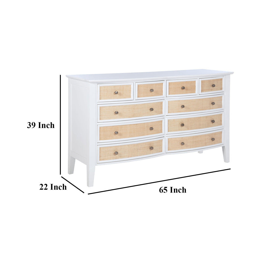 Heo Wide Dresser 10 Drawers Rattan Woven Curved Front White Wood BM328718