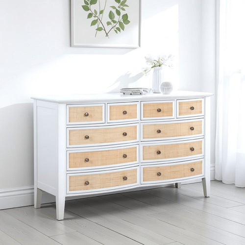 Heo Wide Dresser, 10 Drawers, Rattan Woven Curved Front, White Wood