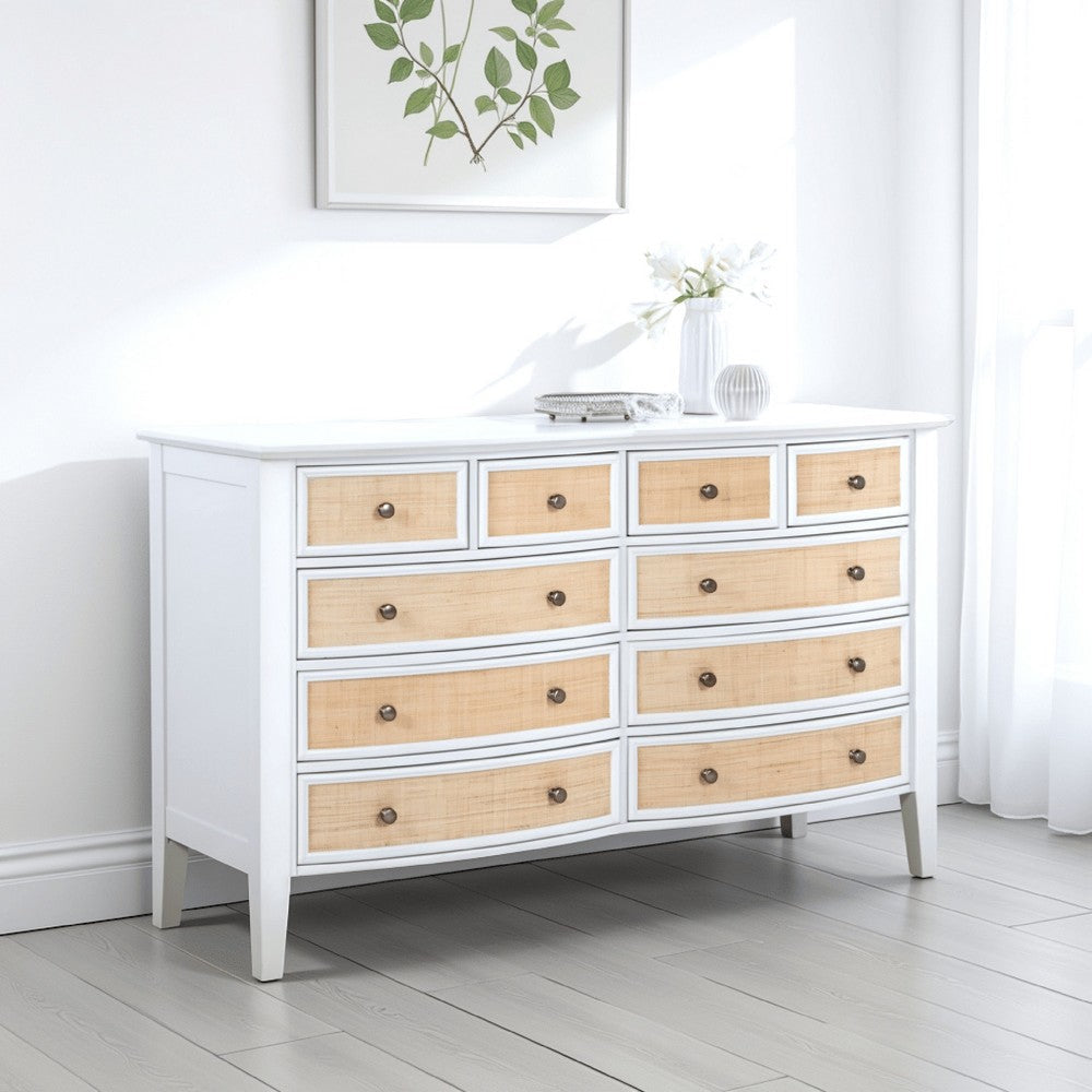 Heo Wide Dresser, 10 Drawers, Rattan Woven Curved Front, White Wood