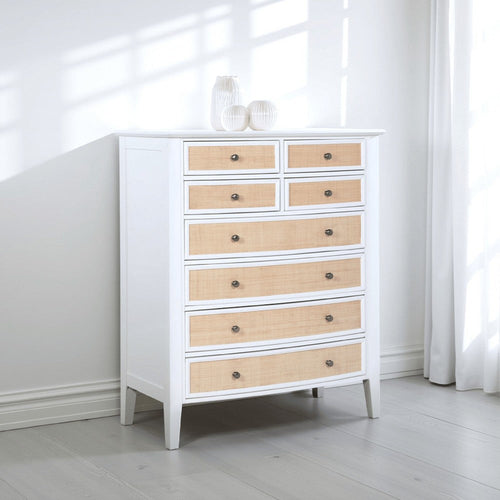 Heo Tall Dresser Chest, 8 Drawers, Rattan Woven Curved Front, White