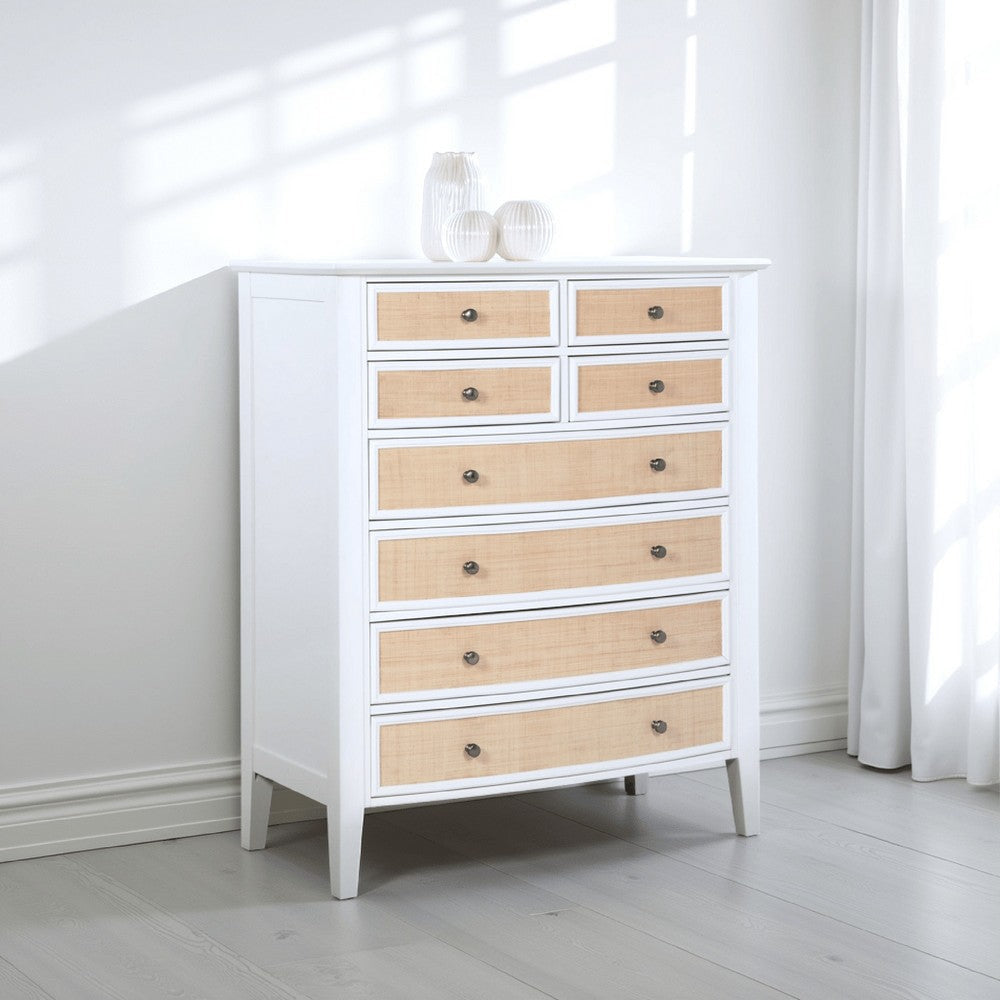 Heo Tall Dresser Chest, 8 Drawers, Rattan Woven Curved Front, White