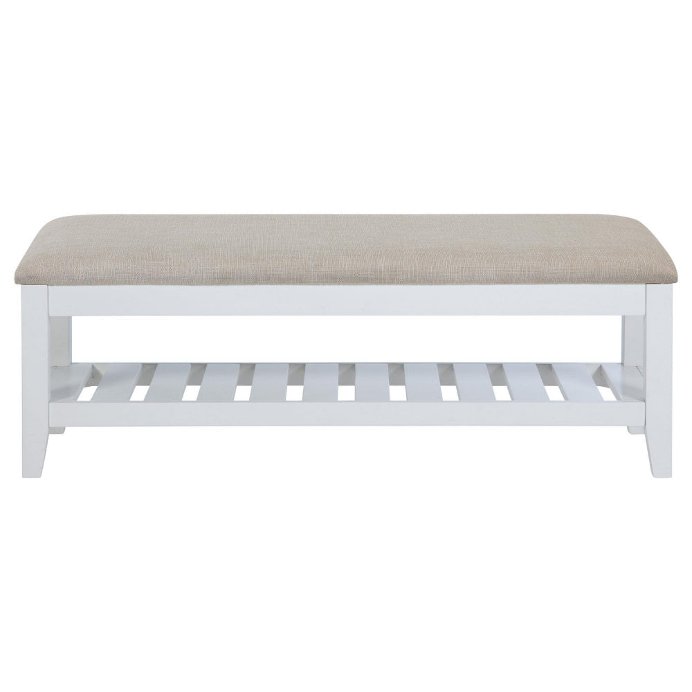 Heo Dining Bench Slatted Shelf Beige Padded Seat 50 Inch White BM328720