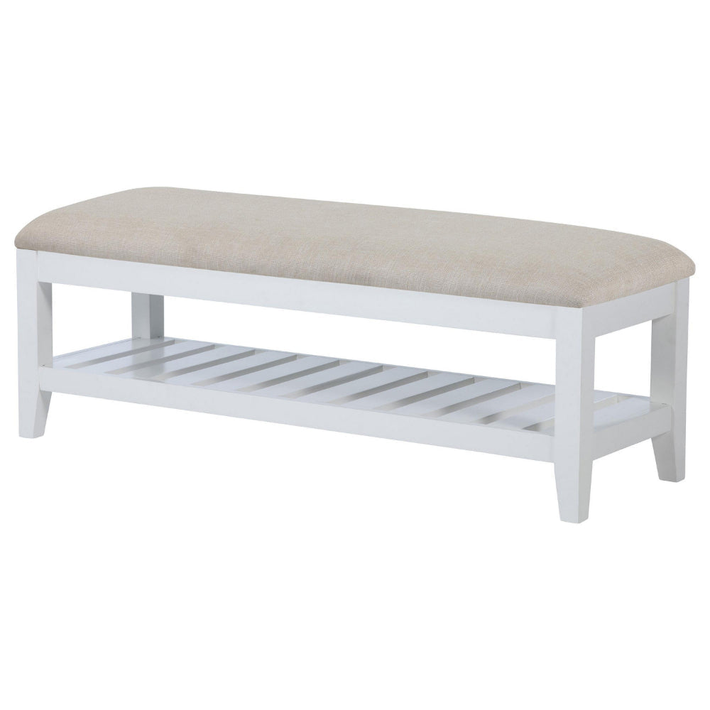 Heo Dining Bench Slatted Shelf Beige Padded Seat 50 Inch White BM328720