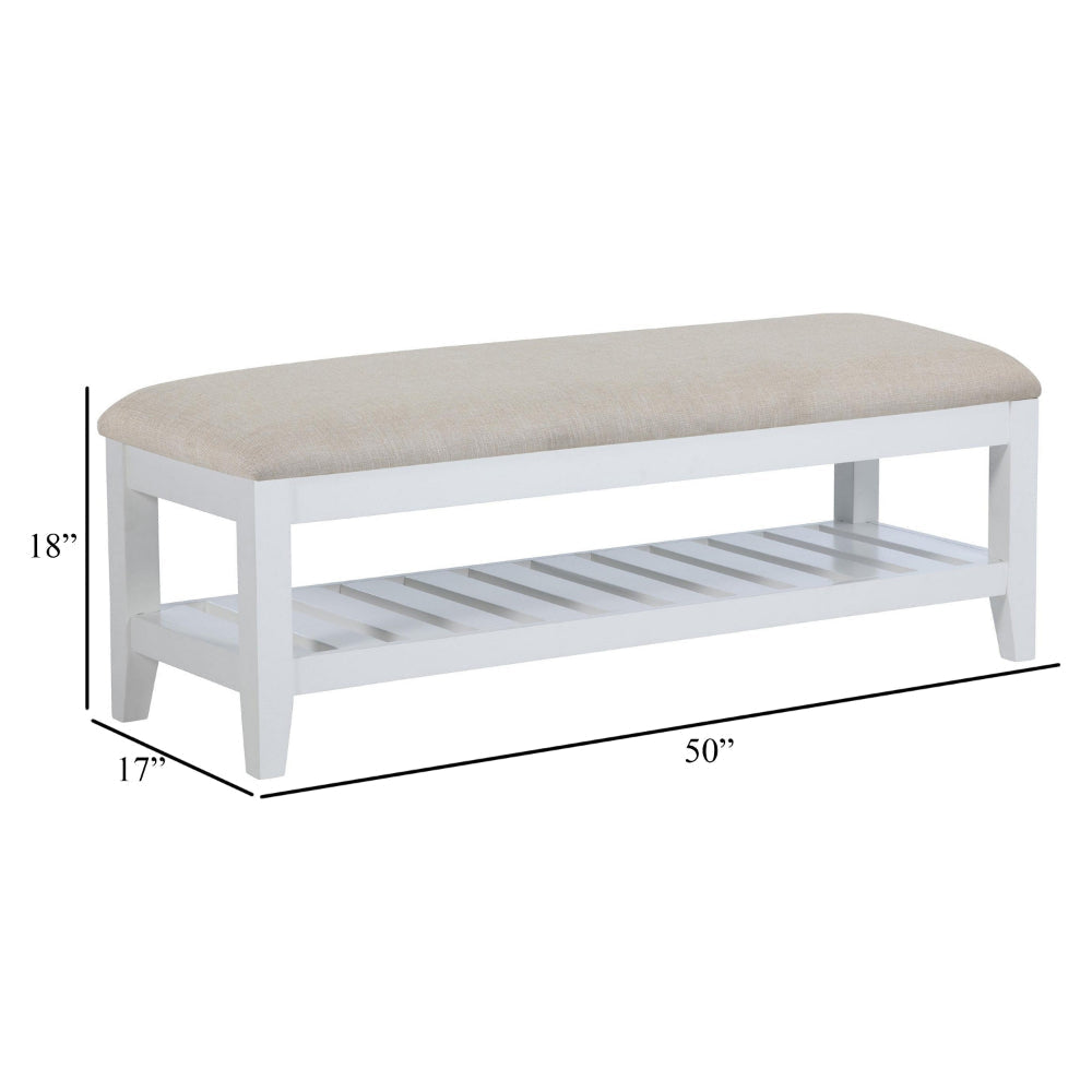 Heo Dining Bench Slatted Shelf Beige Padded Seat 50 Inch White BM328720