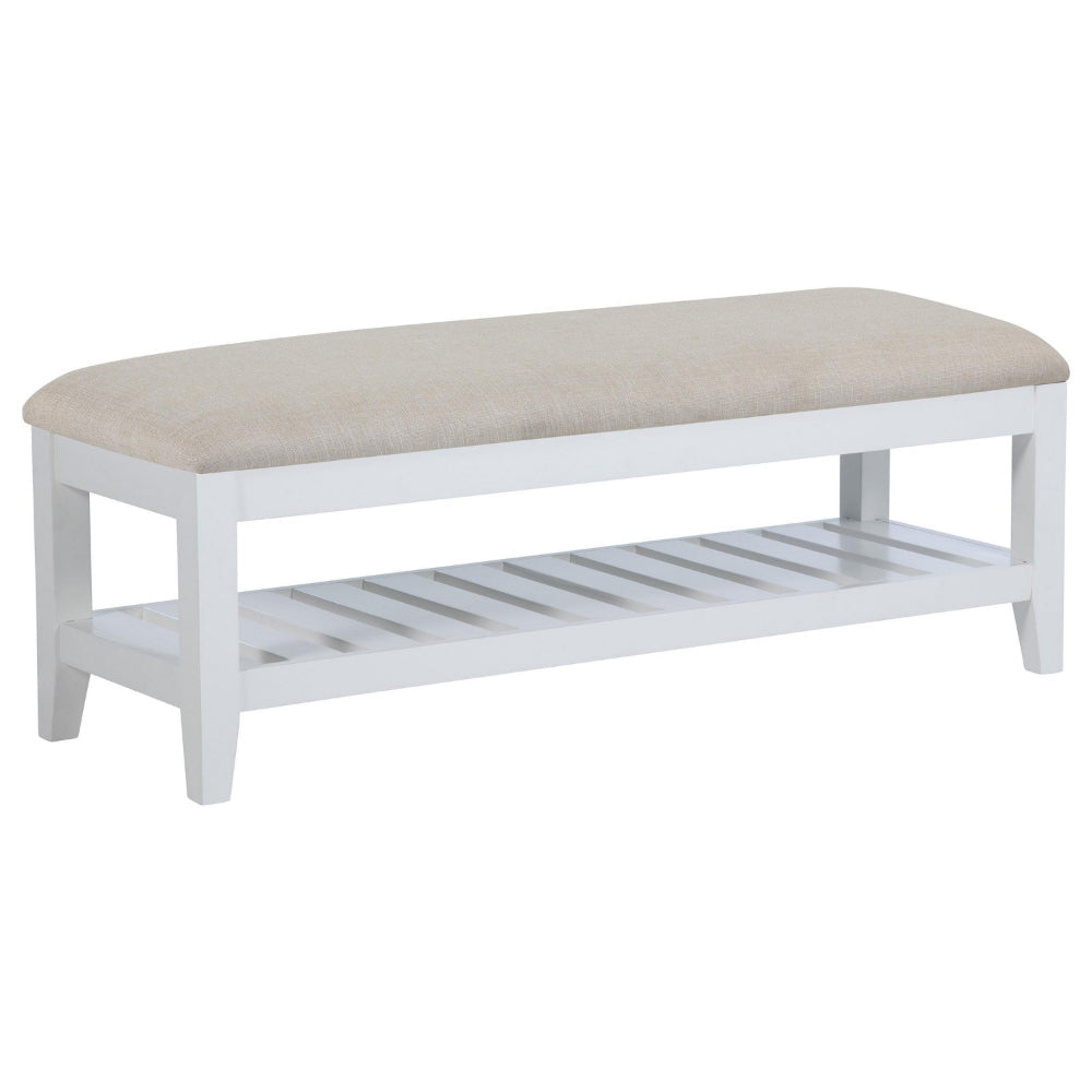Heo Dining Bench, Slatted Shelf, Beige Padded Seat, 50 Inch White