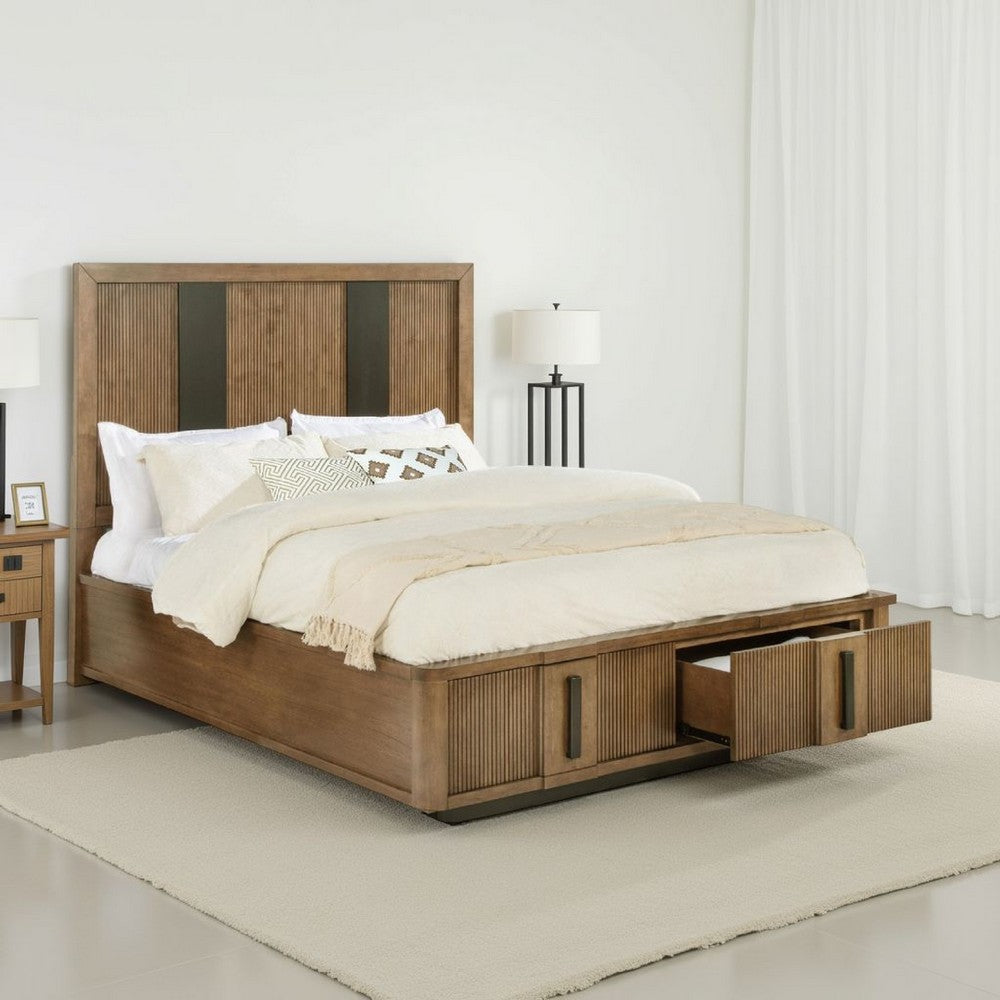 Reon Queen Platform Bed w 2 Storage Drawers, Reeded Ash Brown Black