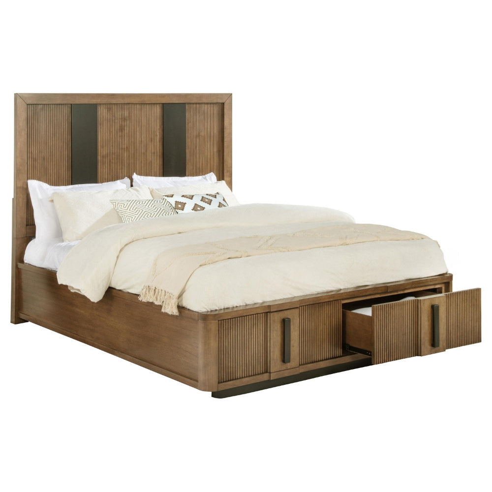 Reon King Platform Bed w 2 Storage Drawers Reeded Ash Brown Black