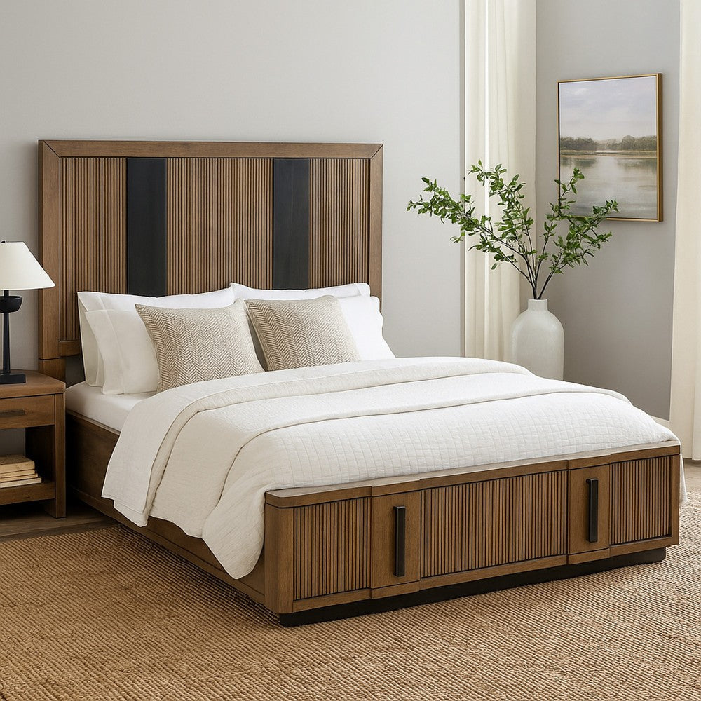 Reon California King Platform Bed, 2 Storage Drawers, Ash Brown Black