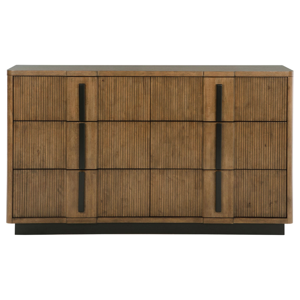 Reon Wide Dresser 6 Drawers Decorative Reeded Ash Brown Black Wood BM328724