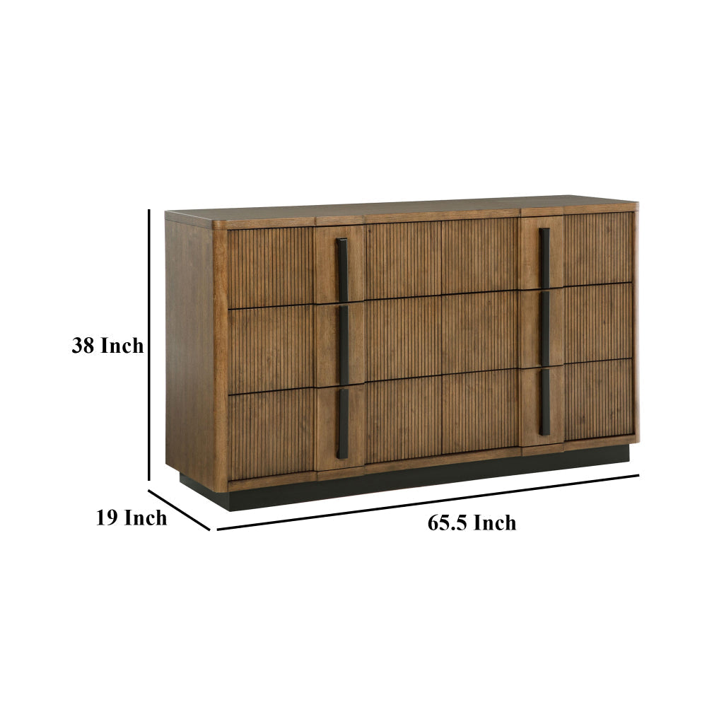 Reon Wide Dresser 6 Drawers Decorative Reeded Ash Brown Black Wood BM328724