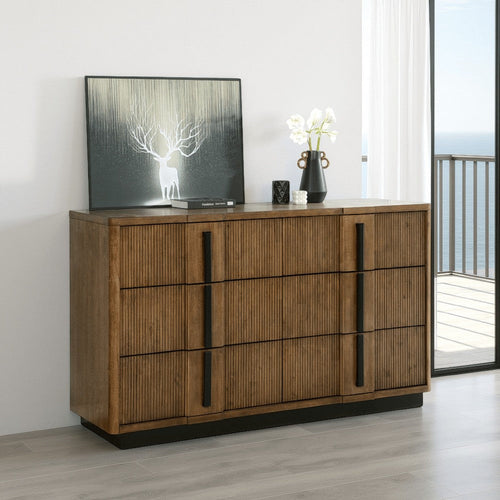 Reon Wide Dresser, 6 Drawers, Decorative Reeded Ash Brown Black Wood