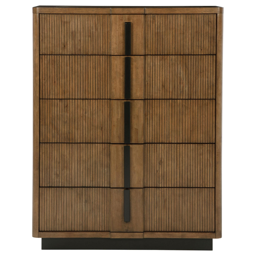 Reon Tall Dresser Chest 5 Drawers Decorative Reeded Ash Brown Black BM328725