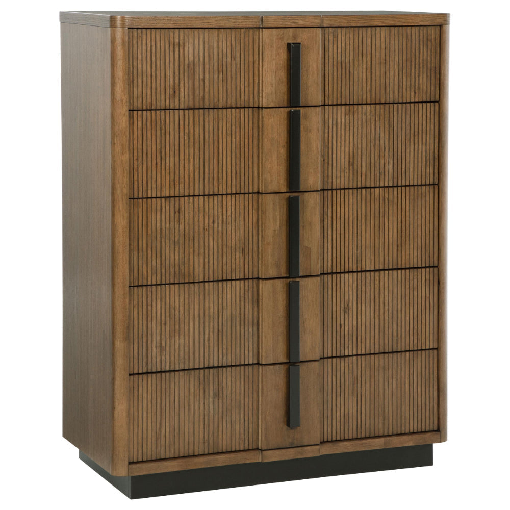 Reon Tall Dresser Chest, 5 Drawers, Decorative Reeded Ash Brown Black