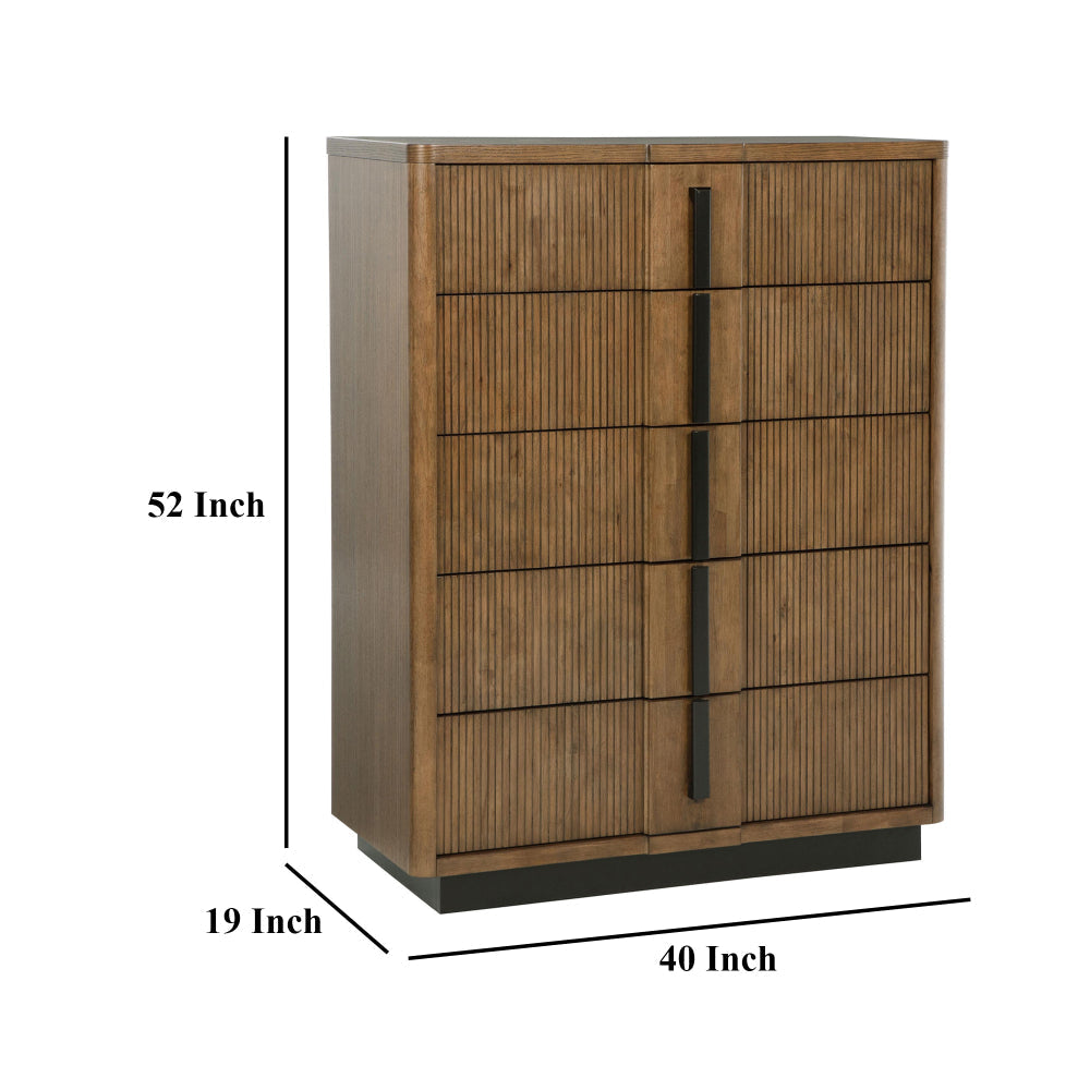 Reon Tall Dresser Chest 5 Drawers Decorative Reeded Ash Brown Black BM328725