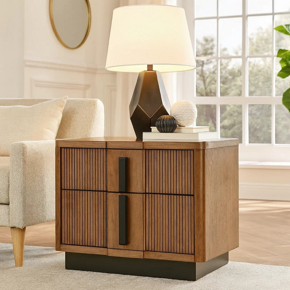 Reon Nightstand, 2 Drawers, Decorative Reeded Ash Brown Black Wood