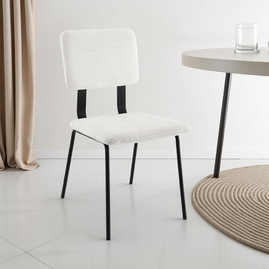 Kelli Dining Chair Set of 2, White Fabric Foam Cushions, Black Metal