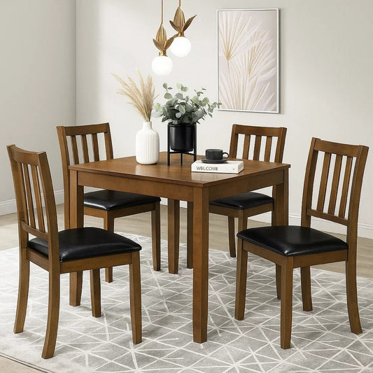 Panos 5pc Dining Table Set with 4 Chairs, Brown, Black Faux Leather