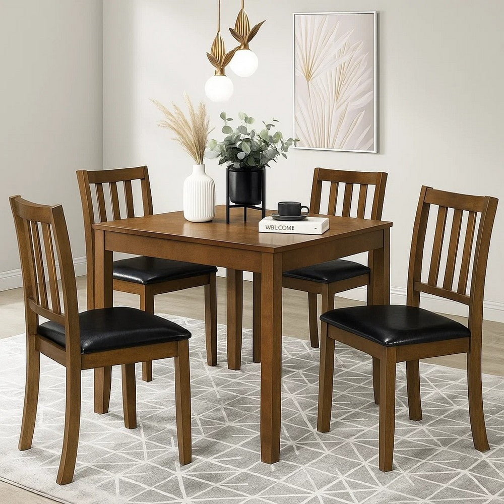 Panos 5pc Dining Table Set with 4 Chairs, Brown, Black Faux Leather