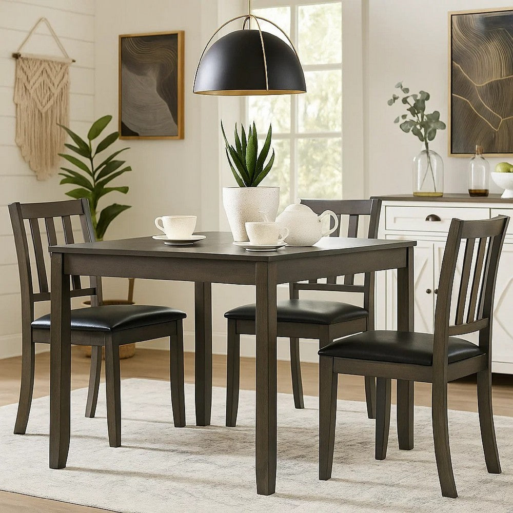 Panos 5pc Dining Table Set with 4 Chairs, Gray, Black Faux Leather