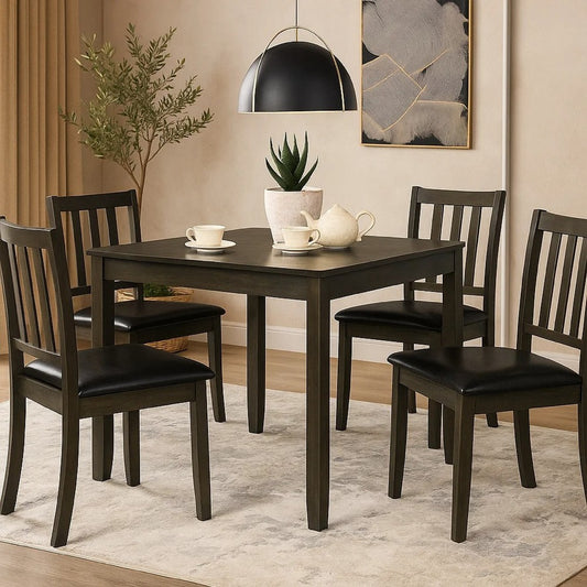 Panos 5pc Dining Table Set with 4 Chairs, Gray, Black Faux Leather