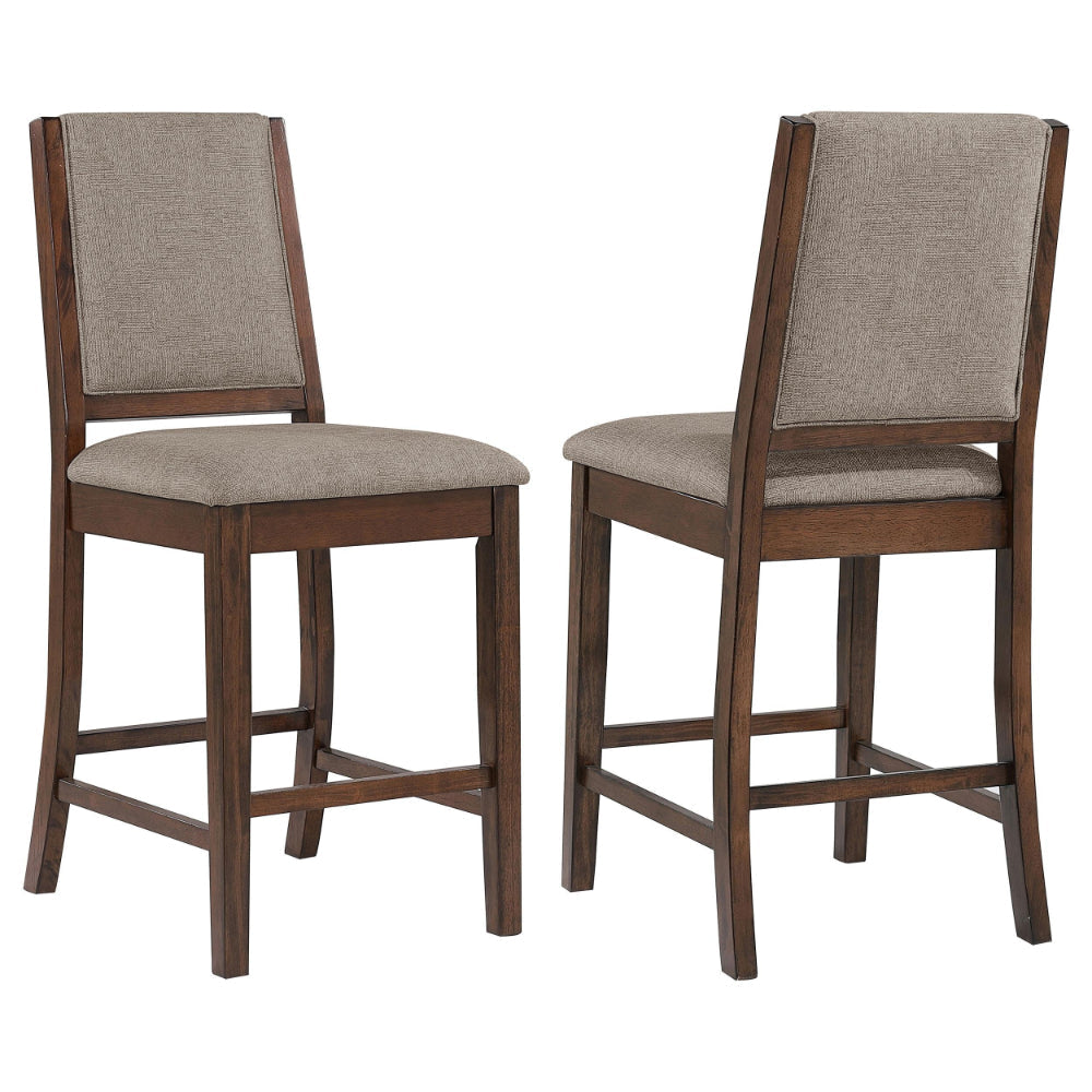 Patter Counter Height Chair Set of 2, Beige Fabric, Dark Brown 26 Inch