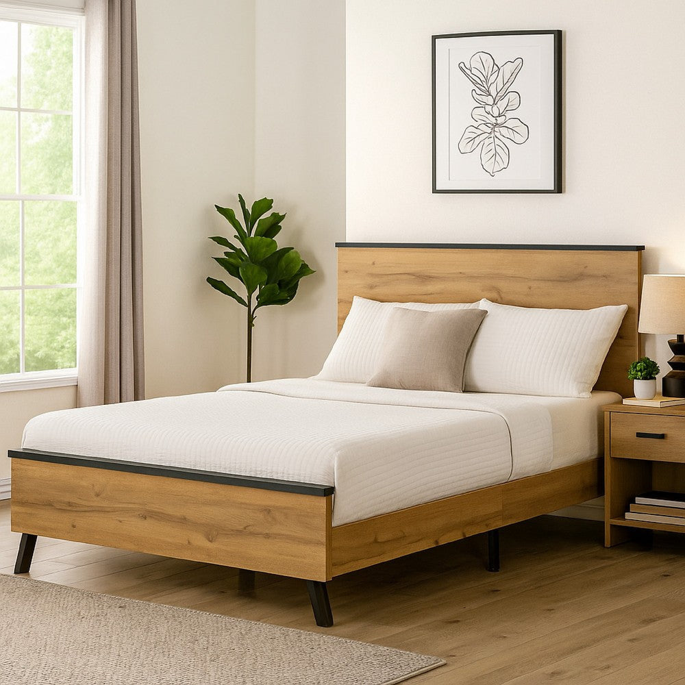 Wemy Queen Size Bed, Tall Panel Headboard, Natural Brown Pine Finish