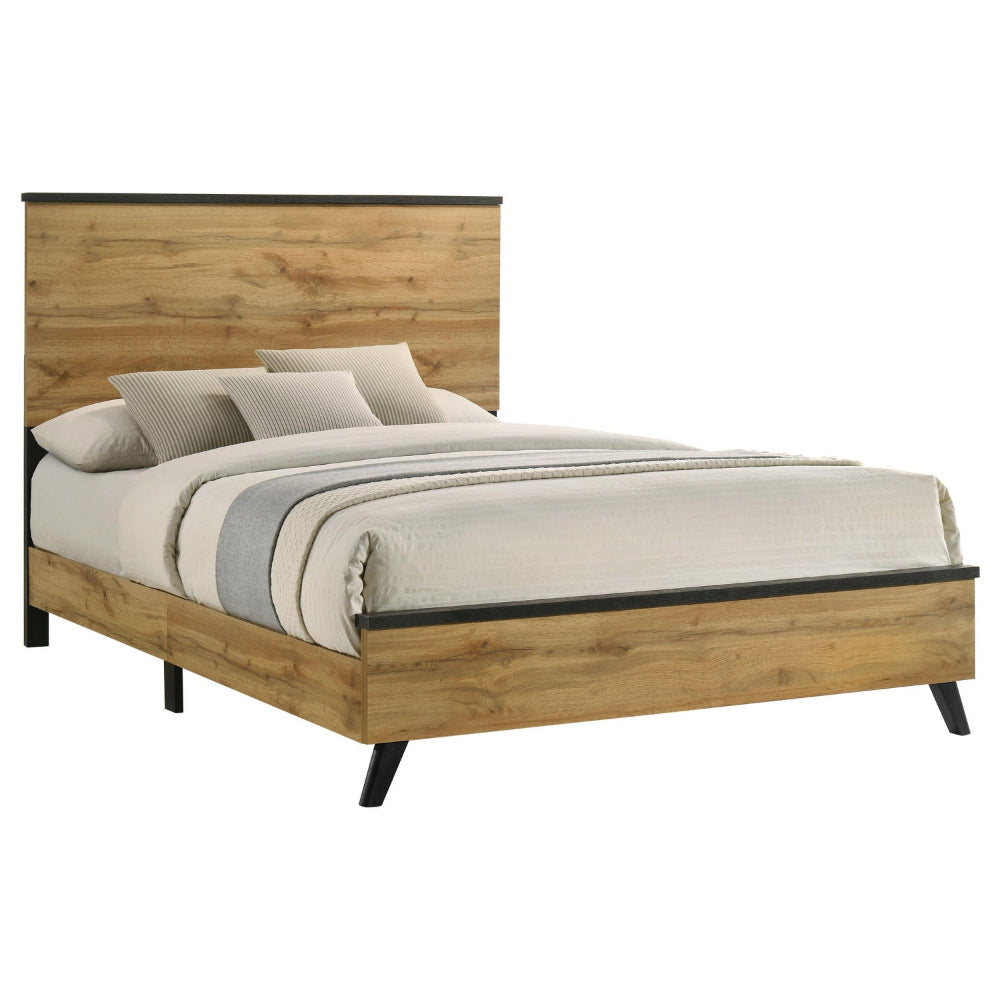 Wemy King Size Bed Tall Panel Headboard Natural Brown Pine Finish