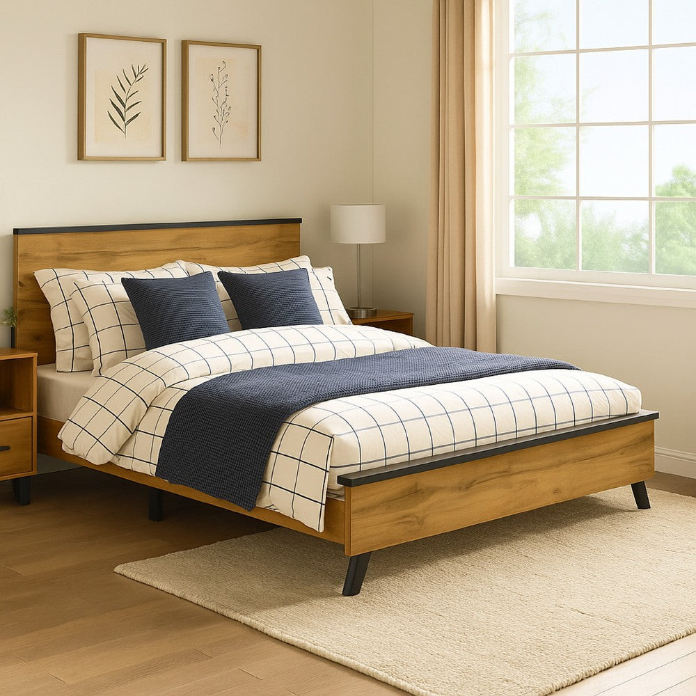 Wemy King Size Bed, Tall Panel Headboard, Natural Brown Pine Finish