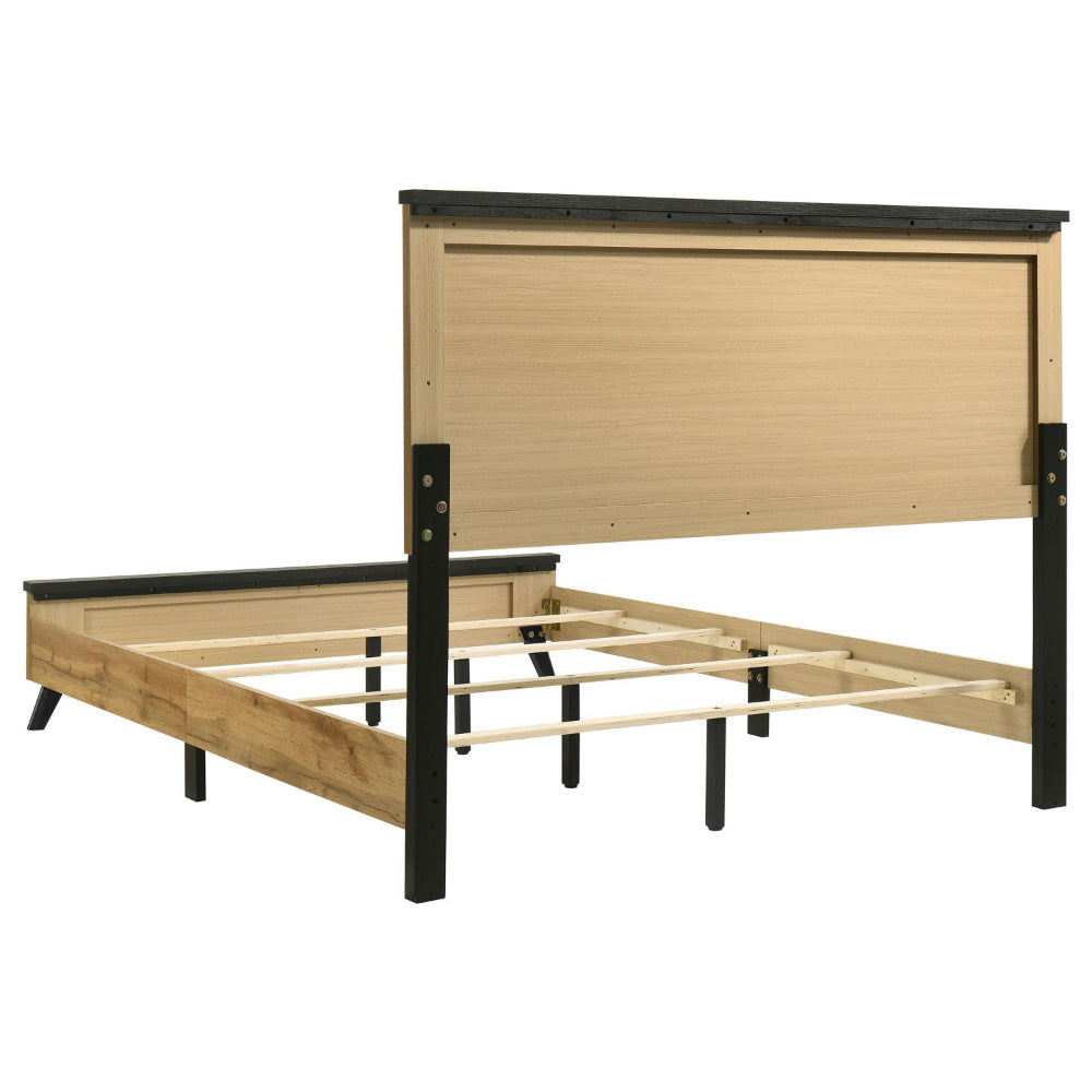 Wemy Full Size Bed Tall Panel Headboard Natural Brown Pine Finish