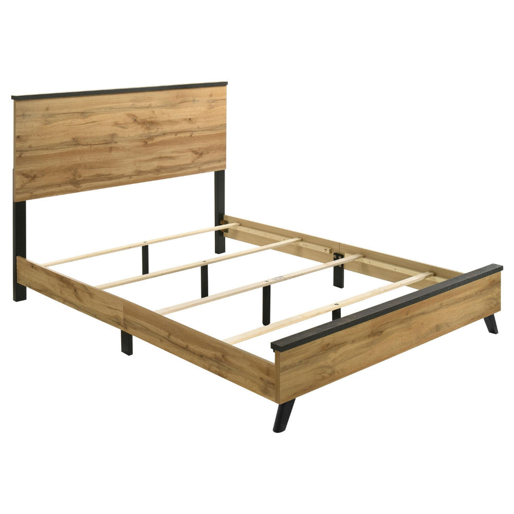 Wemy Full Size Bed, Tall Panel Headboard, Natural Brown Pine Finish