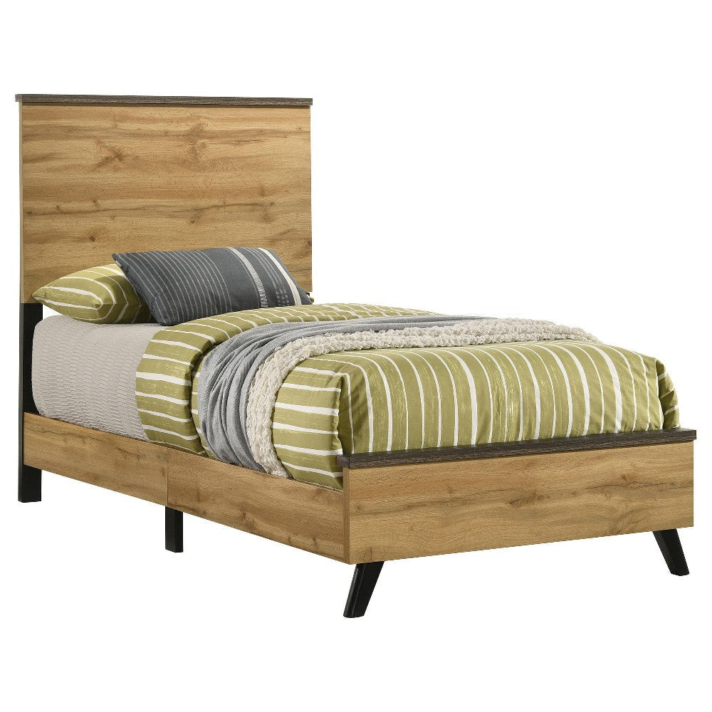 Wemy Twin Size Bed Tall Panel Headboard Natural Brown Pine Finish