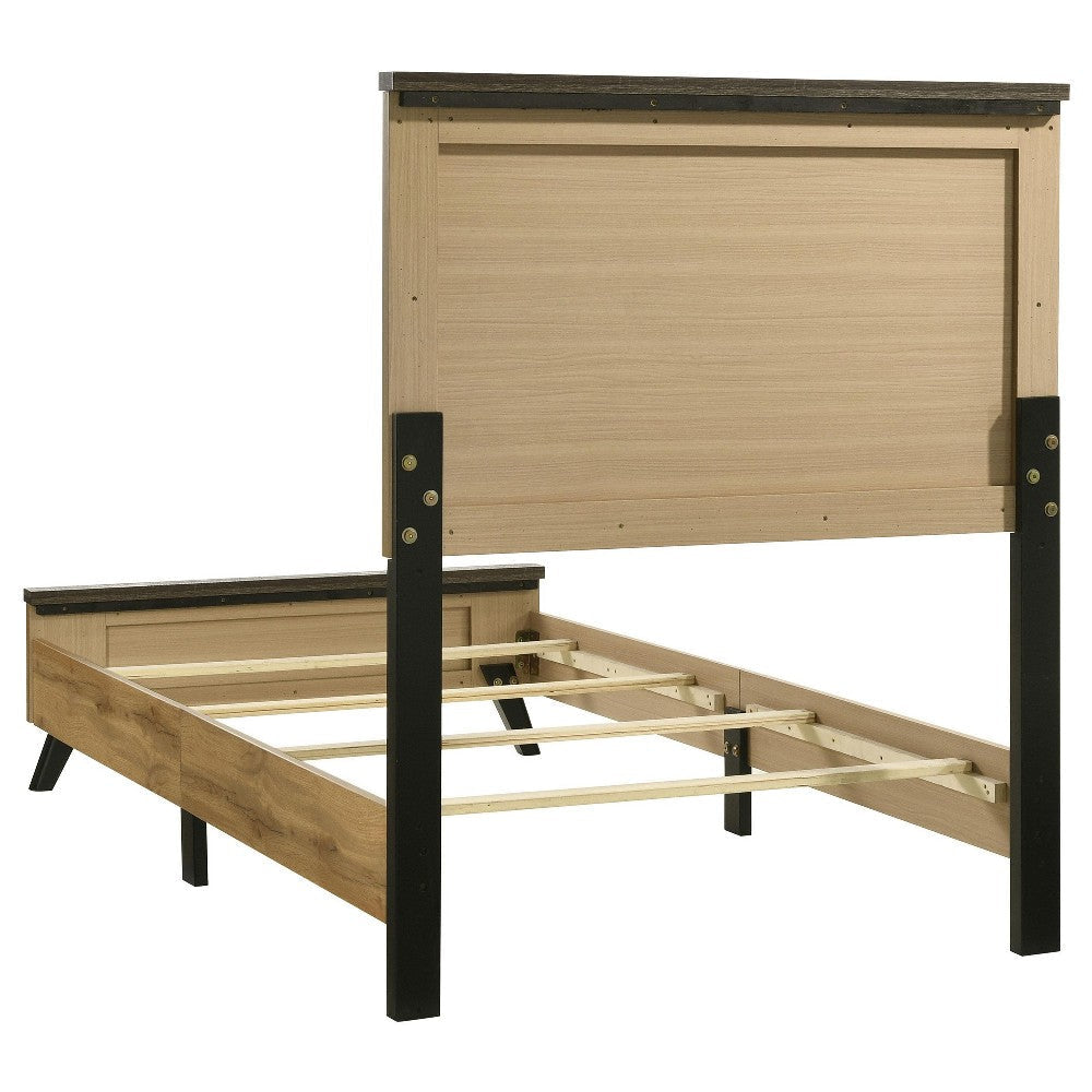 Wemy Twin Size Bed Tall Panel Headboard Natural Brown Pine Finish