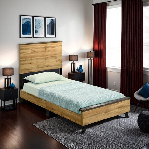 Wemy Twin Size Bed, Tall Panel Headboard, Natural Brown Pine Finish
