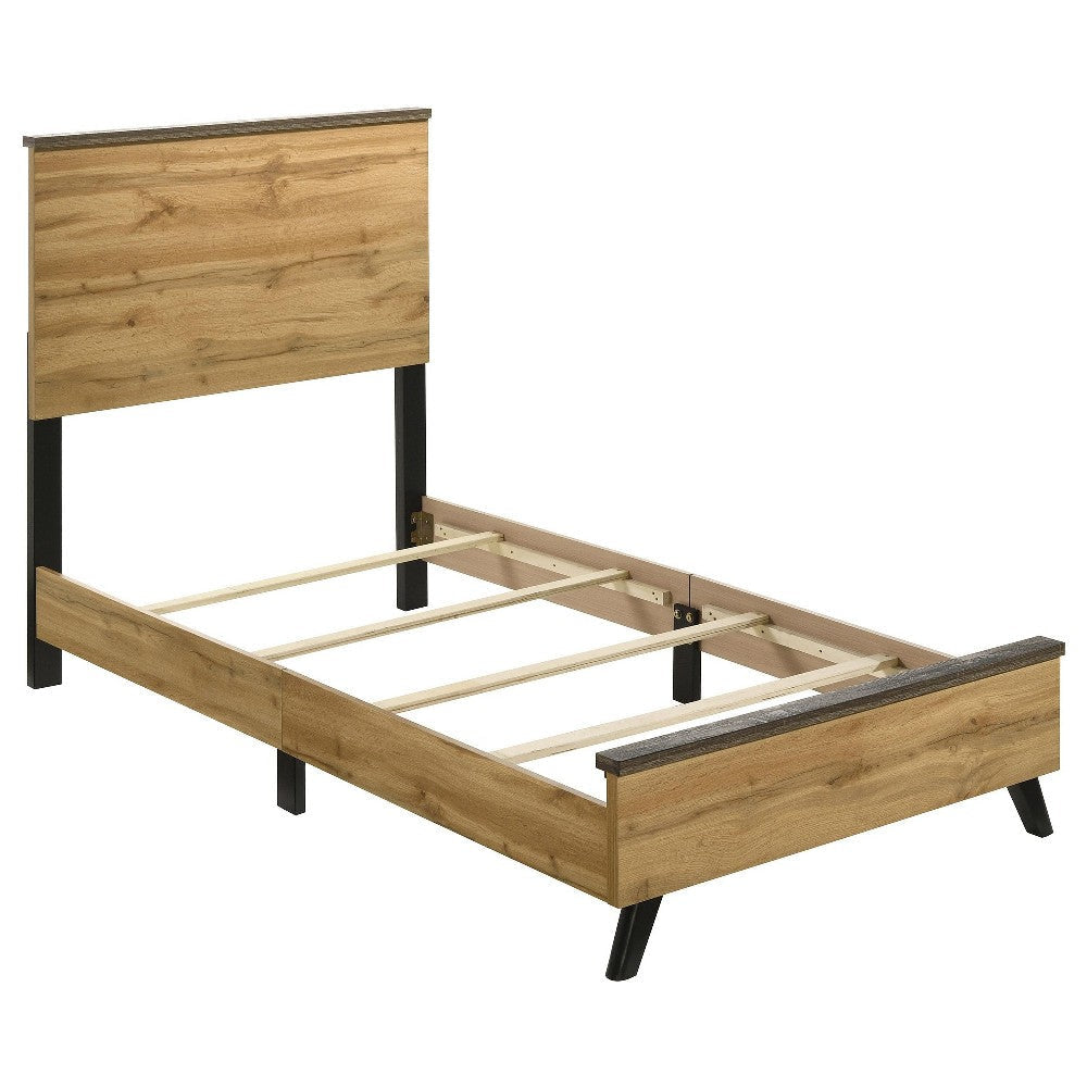 Wemy Twin Size Bed Tall Panel Headboard Natural Brown Pine Finish