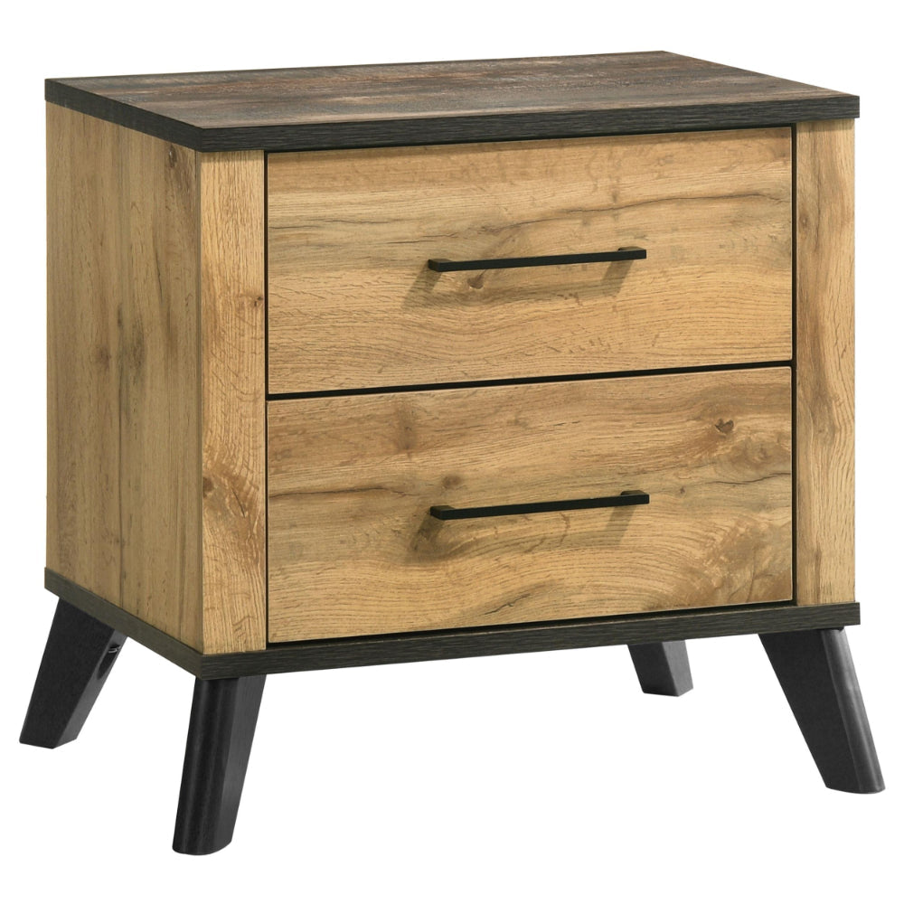 Wemy Nightstand with 2 Drawers, Metal Legs, Weathered Brown Pine Wood