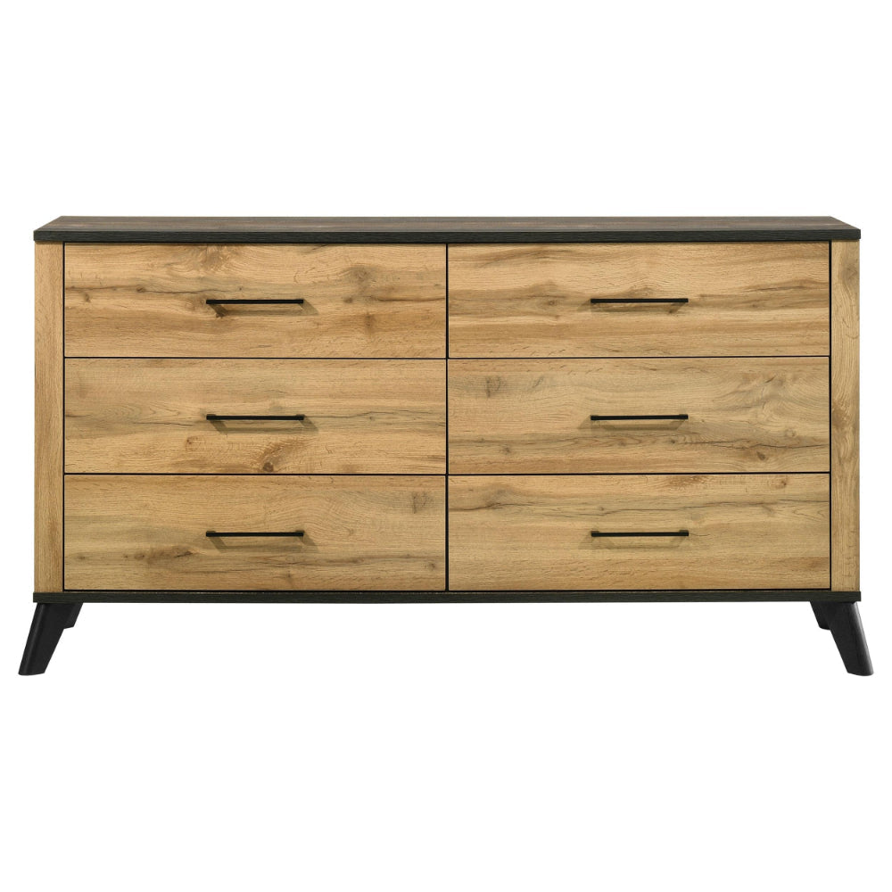 Wemy Wide Dresser w 6 Drawers Metal Legs Weathered Brown Pine Wood BM328773