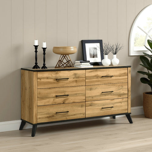 Wemy Wide Dresser w 6 Drawers, Metal Legs, Weathered Brown Pine Wood