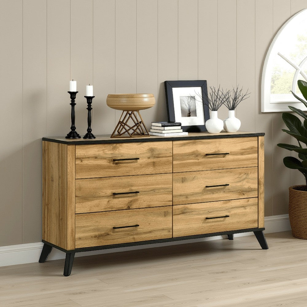 Wemy Wide Dresser w 6 Drawers, Metal Legs, Weathered Brown Pine Wood