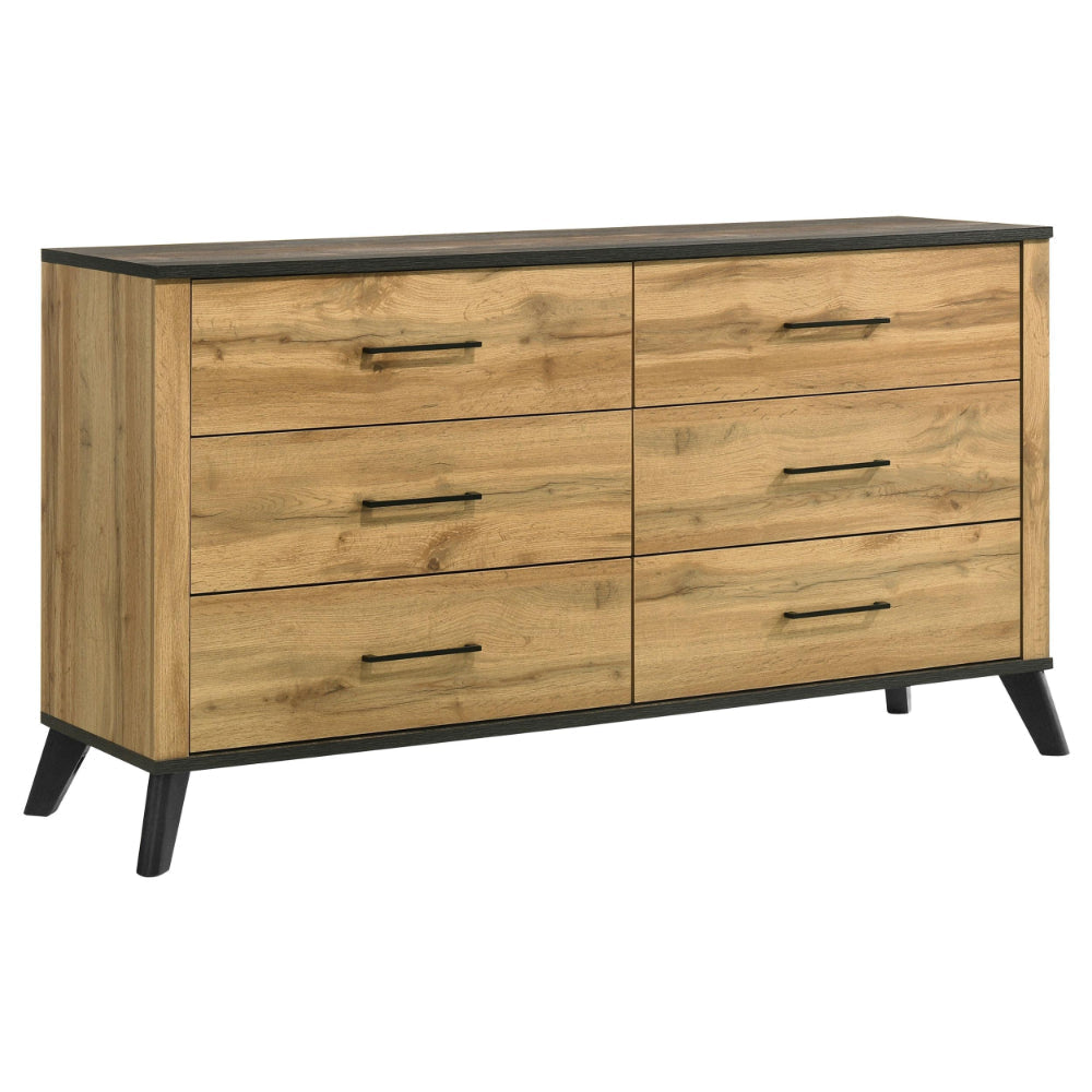 Wemy Wide Dresser w 6 Drawers, Metal Legs, Weathered Brown Pine Wood