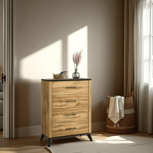 Wemy Tall Dresser Chest, 4 Drawers, Weathered Dark Brown Pine Wood