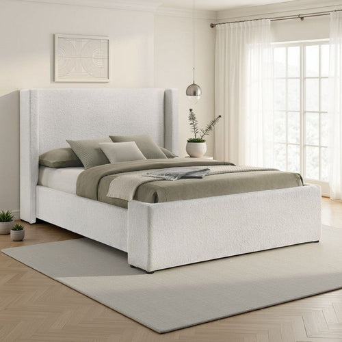 Mosy Queen Platform Bed, White Boucle Upholstered Wingback Headboard